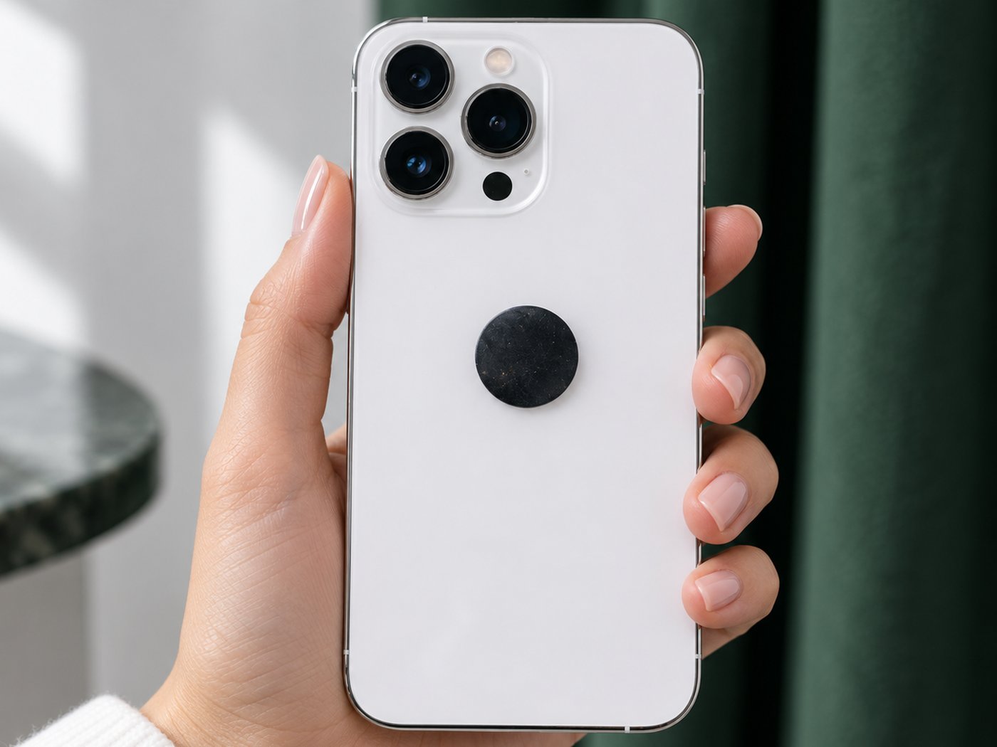 A shungite sticker on the back of a white phone, held in one hand