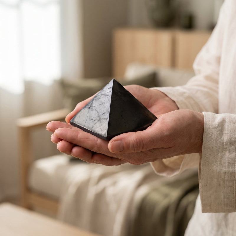 A polished shungite pyramid held in two hands, pale veining across one face