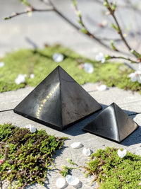 Polished shungite pyramid outdoors on moss