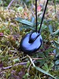 Small shungite torus pendant on a cord, on grass