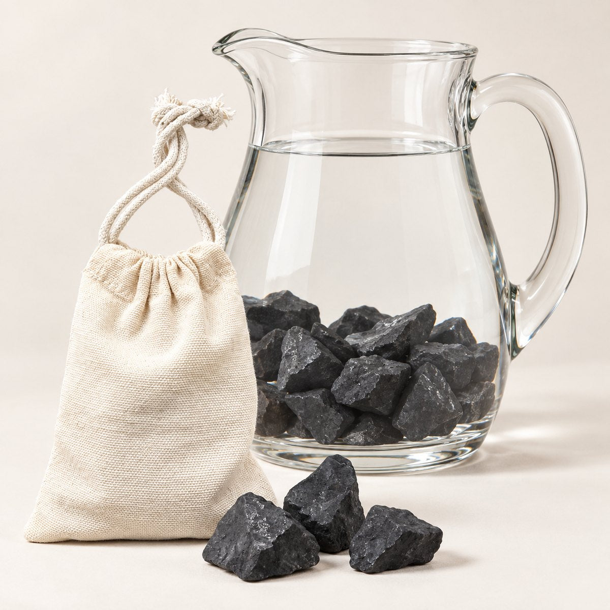 Raw shungite stones in a glass jug of water beside a cotton drawstring bag