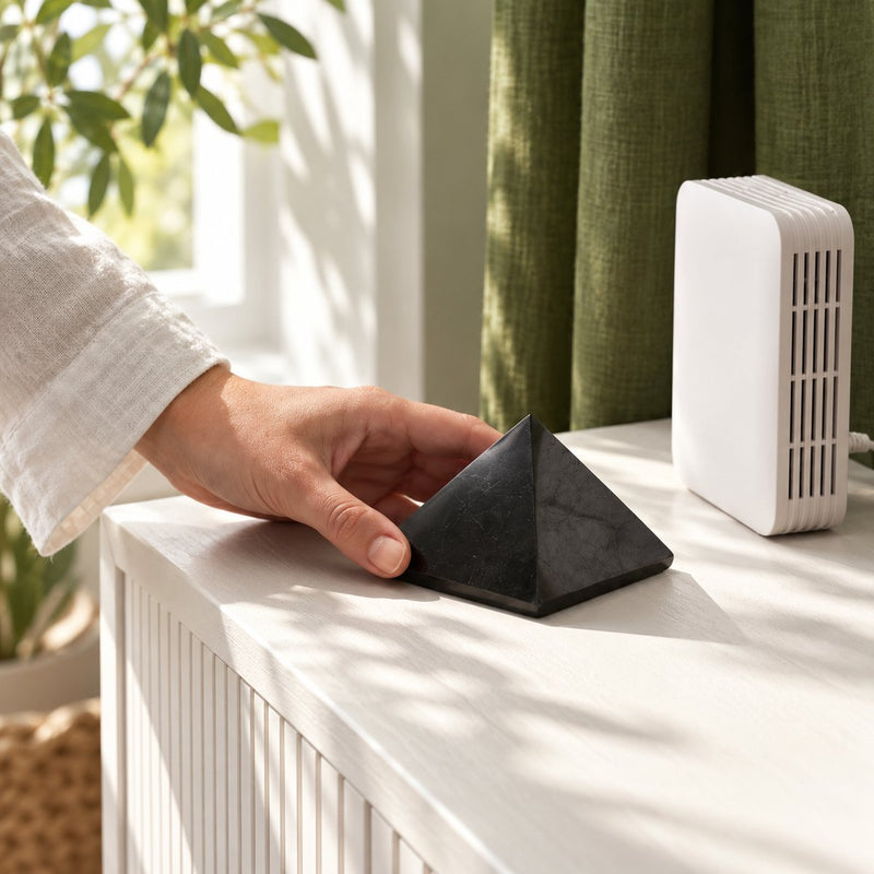 A shungite pyramid set down on a sideboard beside a Wi-Fi router